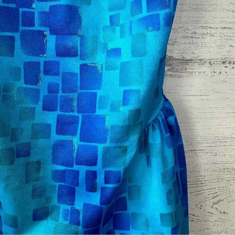 VINTAGE 80s JANTZEN Geometric Metallic Skirted One Piece Swimsuit Made in USA